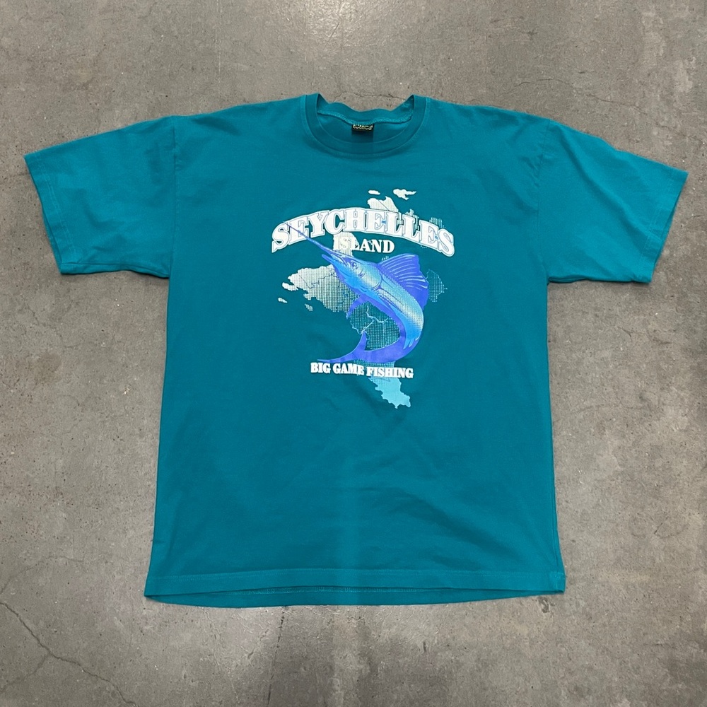 Vintage 1990s Seychelles Island Big Game Fishing T-Shirt Size 2XL Turquoise